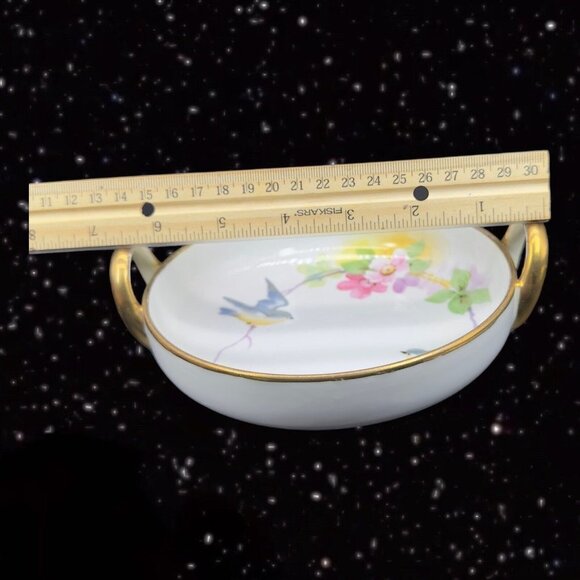 Hand Painted Nippon Fine Porcelain Dish Bowl Flower Bird Two Handled Vintage - Picture 6 of 14